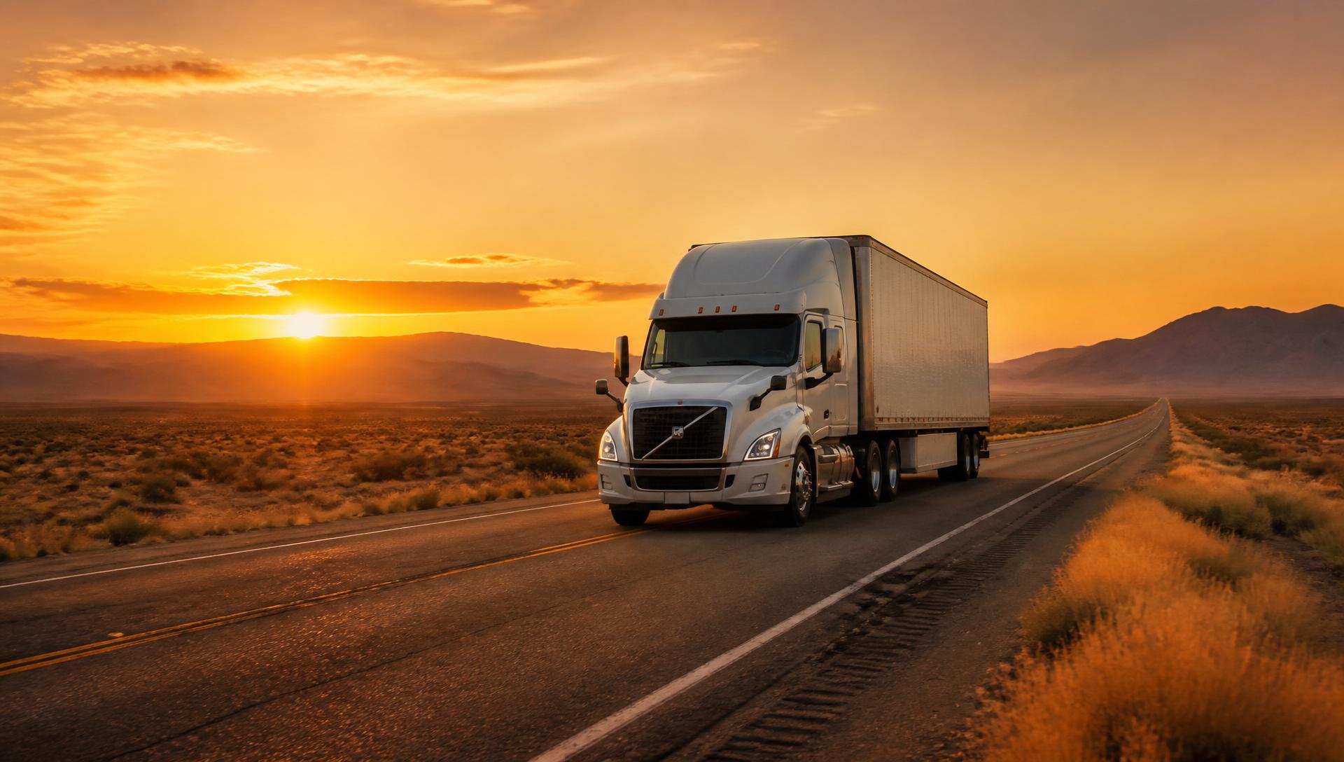 Heavy haul truck on the open road at sunset